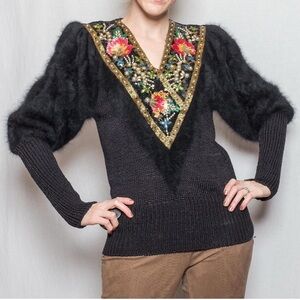 VTG 90s Angora Cotton Black Sweater Beaded Sequin Elegant Long Sleeve Sweater S